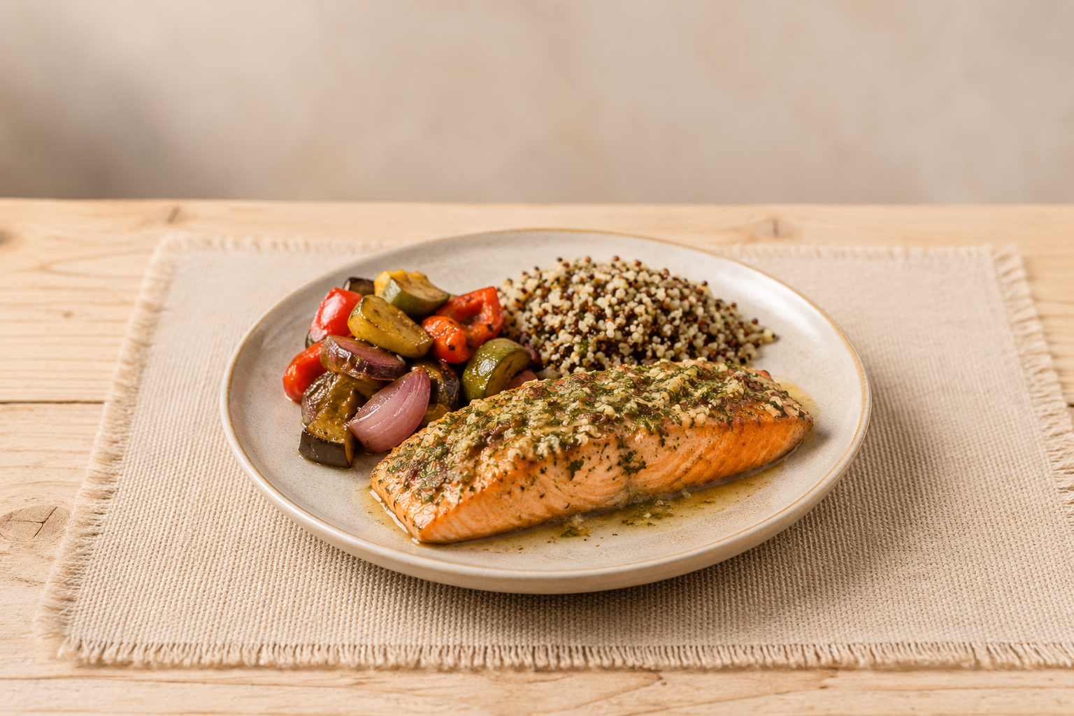 trucha con verduras asadas y quinoa