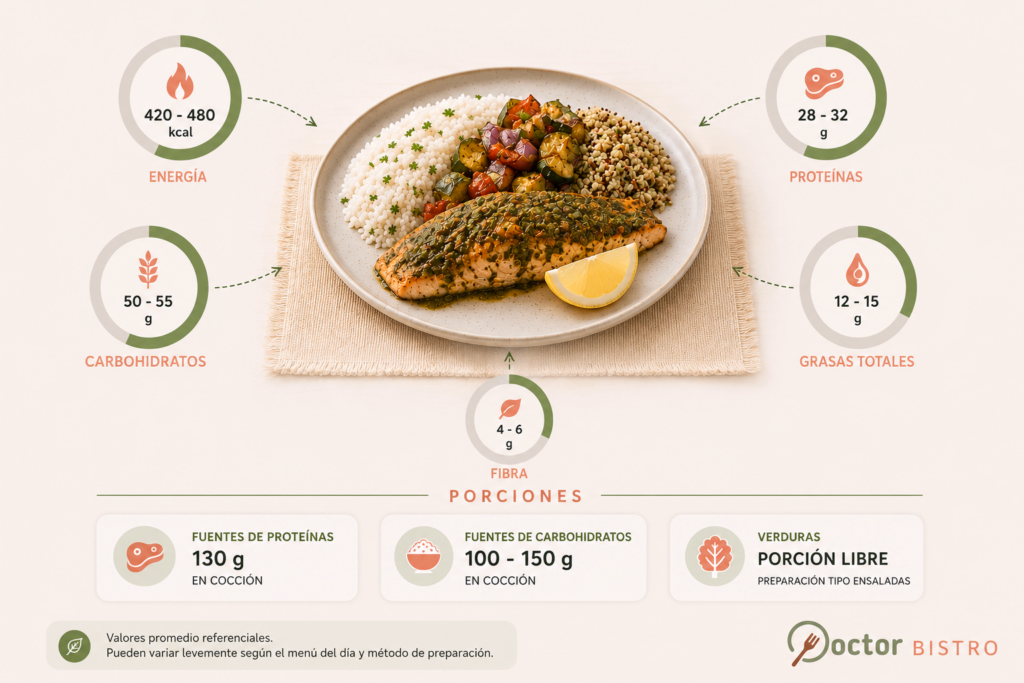 Composición nutricional del Plan Familiar Doctor Bistró: 420–480 kcal, 28–32 g de proteínas, 50–55 g de carbohidratos, 12–15 g de grasas y 4–6 g de fibra.