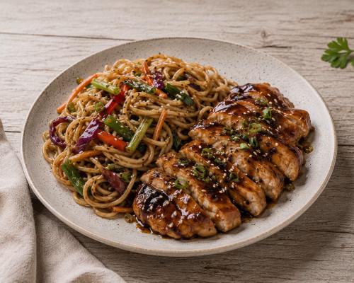 pollo teriyaki con tallarines